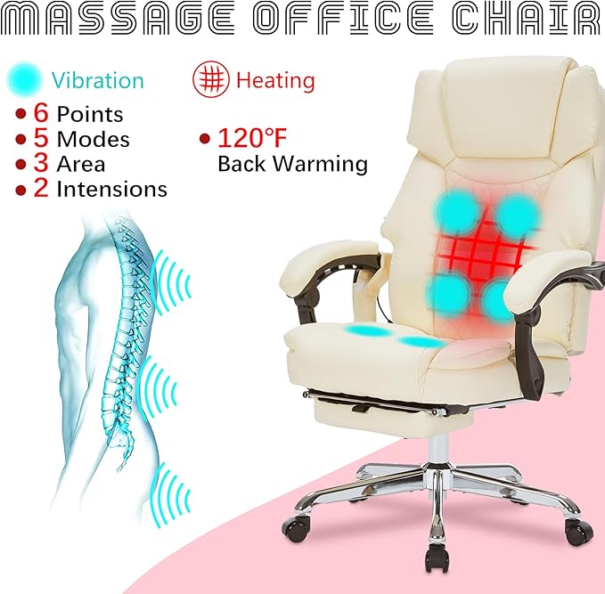 Massage Office Chair with Foot Rest 6 Points Vibration and Heat Home Office Desk Chairs for Heavy People 400lbs Reclining Managerial Chairs Ergonomic Executive Chair (Cream)