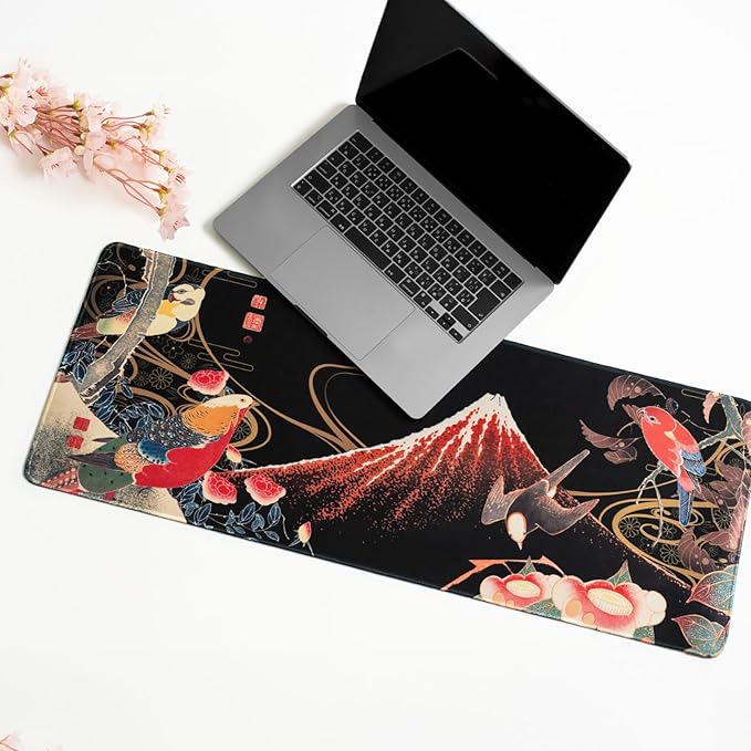 BELLEMOND Japanese Art Desk Mat | Large 31.5x11.8in Desk Pad | Mouse Pad for Keyboard & Mouse | Non-Slip Base, Water-Repellent, Smooth Precision | Crimson Wings Over Fuji