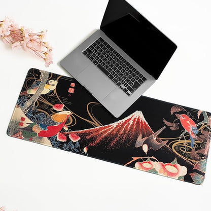 BELLEMOND Japanese Art Desk Mat | Large 31.5x11.8in Desk Pad | Mouse Pad for Keyboard & Mouse | Non-Slip Base, Water-Repellent, Smooth Precision | Crimson Wings Over Fuji