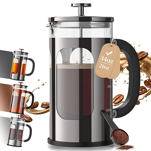 Veken French Press Coffee Maker 34oz 1 L, No Plastic Touching Cafe, Heat Resistant Thickened Borosilicate Glass, Stainless Steel Brewer,Cold Brew Cafetera Teapot for Kitchen Travel Camping,Dark Pewter