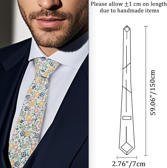 Cotton Floral Ties for Men 2.76" Men's Skinny Tie Linen Flower Printed Neck Tie for Wedding Dating Party