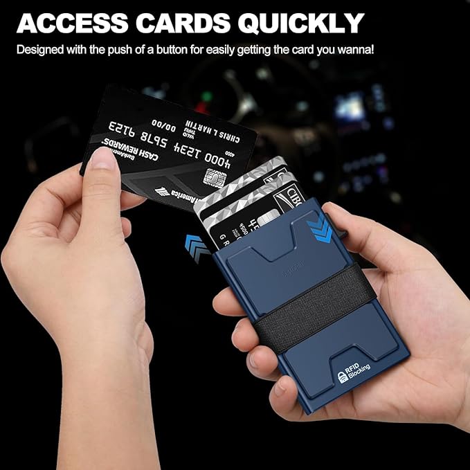 Slim Aluminum Card Holder Wallet for Men, Durable Expandable Backplate, RFID Blocking Minimalist Metal Pop Up Wallet, Holds 12+ Cards Plus Cash