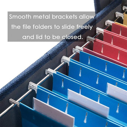 PRANDOM File Organizer Box - Set of 4 Collapsible Decorative Linen Filing Storage Hanging File Folders with Lids Office Cabinet Letter Size Navy Blue (14x9.3x10.8 inch)