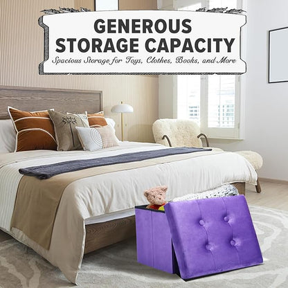 Storage Ottoman Folding Foot Stool Velvet Foot Rest with Padded Modern Ottoman with Storage for Living Room Puppy Step Stool 17x13x13in(Purple)