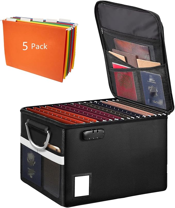 Fireproof Document Box With 5 Pack Hanging File Folders(Letter Size), File Cabinet Organizer Box Storage Filing Cabinet Box with Lock, Portable Important Document Organizer With Handle(5 Folders)
