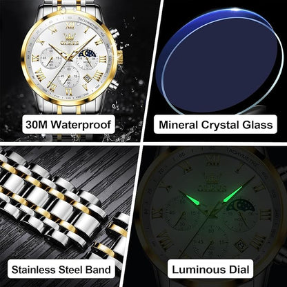 OLEVS Mens Stainless Steel Chronograph Watch, Big Face Roman Numerals Date Analog Quartz Dress Watches for Men, Fashion Multifunctional Waterproof Luminous Hands Men's Wristwatch