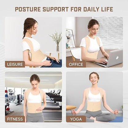 Posture Corrector for Women & Men, Adjustable Back Brace Shoulder Straightener, Full Back Support for Upper & Lower Back Pain, Hunchback, Scoliosis Relief (Medium, Beige)