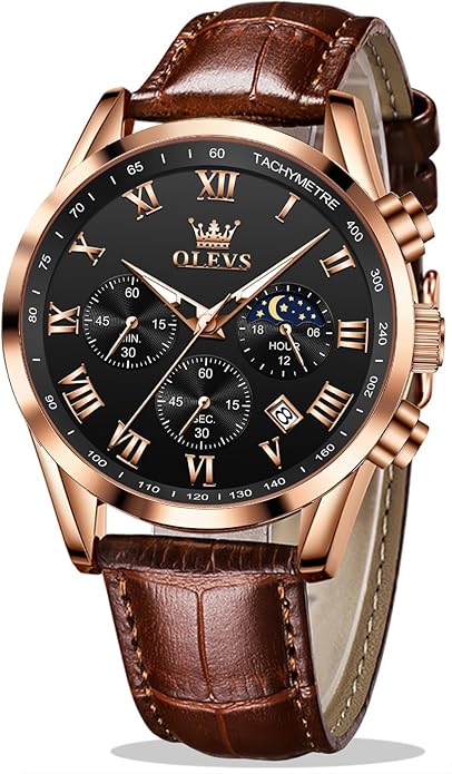 OLEVS Men's Leather Analog Quartz Watch - Luxury Chronograph Wristwatch With Date, Waterproof, Luminous - Dress Style