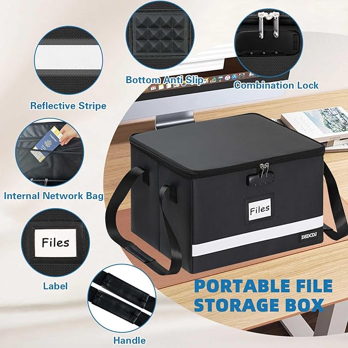 Fireproof File Box with Lock 2 Pack, Upgraded Fireproof Document Box with Reflective Strip, Portable File Organizer Filing Cabinet with Handle for Hanging Letter/Legal Folder, 15.5x12.3x10.5