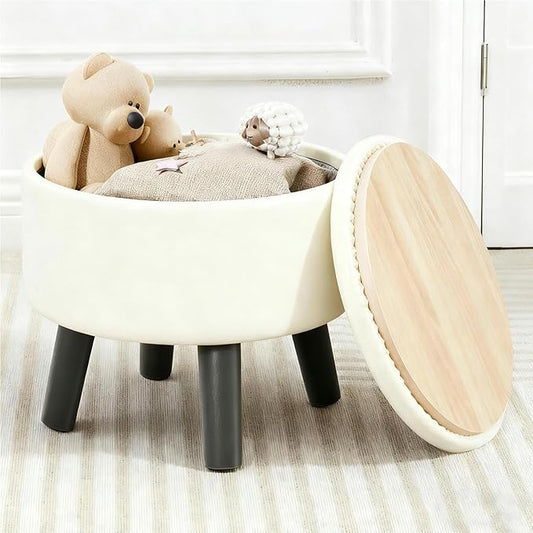 Small Foot Stool Ottoman with Storage, Faux Leather Ottoman Foot Rest for Couch, Round Footstool Ottomans for Living Room (White)