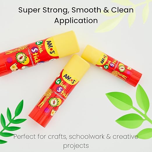 AMOS Glue Sticks — 8 g (0.28 oz), 30 Sticks in Display Box, Kid’s Design for School, Office & Crafts — Washable, Non-Toxic, Acid-Free
