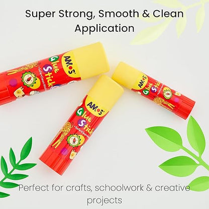 AMOS Glue Sticks — 8 g (0.28 oz), 30 Sticks in Display Box, Kid’s Design for School, Office & Crafts — Washable, Non-Toxic, Acid-Free