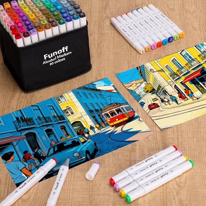Funoff Alcohol Markers, 80 Colors Fine & Chisel Dual Tip Art Markers, Permanent Sketch Marker for Adult Coloring, Drawing, Sketching, Illustration