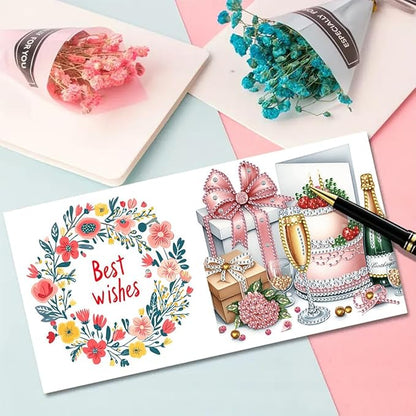 6pcs DIY Flowers Cake Diamond Art Painting Greeting Cards Kit, Rhinestone Art Holiday Birthday Card Set with Envelopes, DIY Festival Craft for Girlfriend, Christmas Valentine Gift Making Supplies