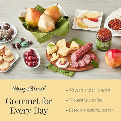 Harry & David Favorites Pear, Popcorn & Relish Gift Basket, Food Gift Basket For All Occasions With 6 Pears, Cheese, Popcorn, 3 Seed Crackers, Relish, Chocolate Covered Cherries, Truffles And Almonds
