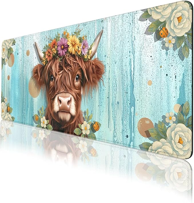 Highland Cow Desk Pad Mouse Pad Floral Farmhouse Flower Crown Mousepad XL Large Gaming Mouse Pad Laptop Keyboard Mat Desk Pad 31.5"x11.8"