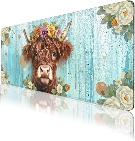 Highland Cow Desk Pad Mouse Pad Floral Farmhouse Flower Crown Mousepad XL Large Gaming Mouse Pad Laptop Keyboard Mat Desk Pad 31.5"x11.8"