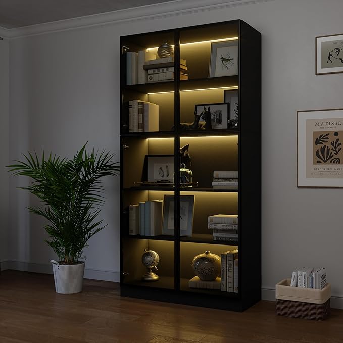 78.7" Display Cabinet with 4 Glass Doors, 5 -Tier Storage Cabinet with LED Lights, Tall Black Bookcase with Storage, Wooden Display Case for Collectible, Living Room, Office(Black)