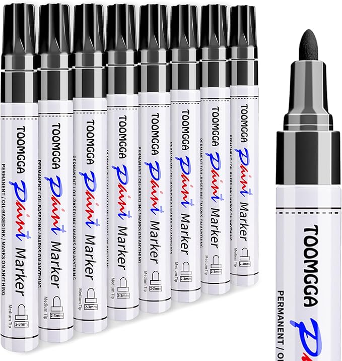 Black Paint Pens Permanent Paint Markers - 8 Pack Oil Based Marking Pens, Medium Point, Quick Drying and Waterproof Pens for Rock Painting Car Tyre Metal, Plastic, Canvas, Wood