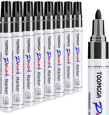 Black Paint Pens Permanent Paint Markers - 8 Pack Oil Based Marking Pens, Medium Point, Quick Drying and Waterproof Pens for Rock Painting Car Tyre Metal, Plastic, Canvas, Wood