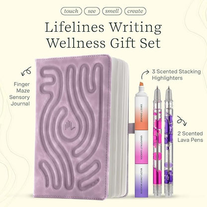 Lifelines Writing Wellness Gift Set - Scented Writing Set Includes Finger Maze Sensory Journal, 3 Scented Stacking Highlighters & 2 Lava Gel Pens - Aromatherapy & Sensory Immersion