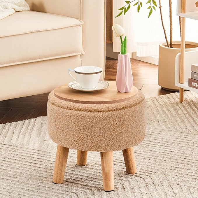 Poofzy Small Ottoman with Storage, Small Foot Stool Ottoman with Wood Legs, Sherpa Foot Rest for Couch, Living Room and Bedroom - Champagne