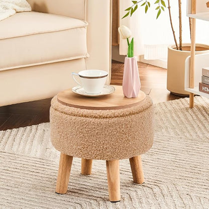 Poofzy Small Ottoman with Storage, Small Foot Stool Ottoman with Wood Legs, Sherpa Foot Rest for Couch, Living Room and Bedroom - Champagne
