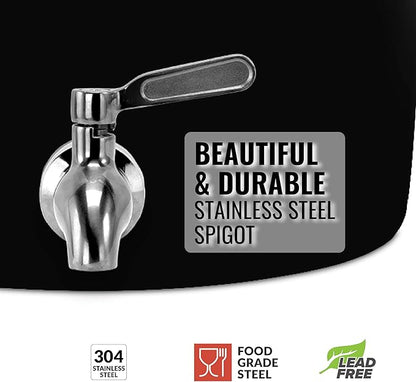 Geo Sports Porcelain Ceramic Crock Water Dispenser, 8 Inch Wood Stand, Stainless Steel Faucet, Fits 3 to 5 Gallon Jugs. (Black)