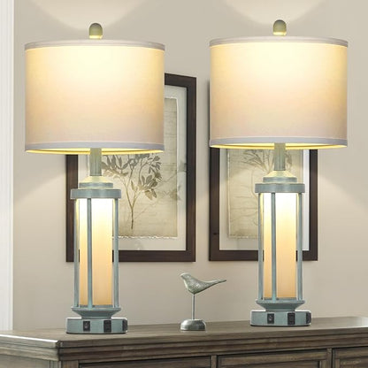 Farmhouse Table Lamps for Living Room, 27" Vintage Rustic Beside Lamp Set of 2 with USB A+C Charging Ports & AC Outlet, Retro Nightstand Lamp with Fabric Shade for Bedroom Entryway(4 Bulbs Included)