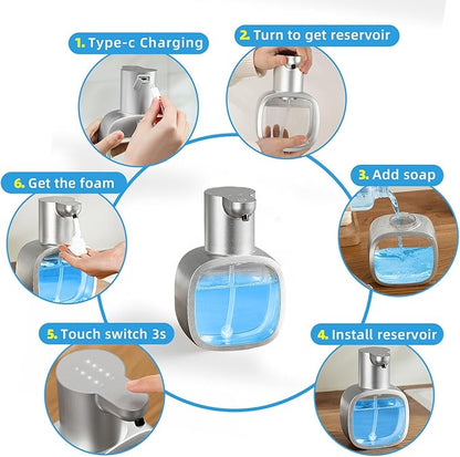Automatic Foaming Soap Dispenser, 17oz/500ml Touchless Rechargeable with 4-Level Adjustable & IPX5 Waterproof - Level Display for Wall/Tabletop Use in Bathroom, Kitchen, Silver