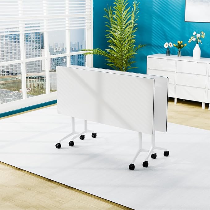 Conference Table Folding Conference Room Tables, Modern Mobile Meeting Training Table with Silent Wheels, Foldable Seminar Table for Offices, Classrooms, Libraries (2, White, 55.1in)
