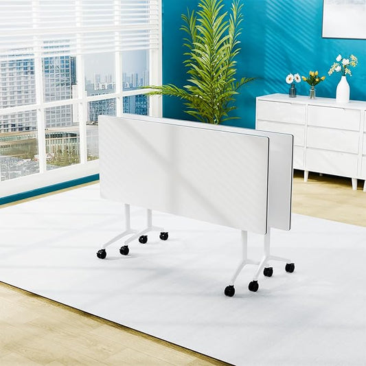Conference Table Folding Conference Room Tables, Modern Mobile Meeting Training Table with Silent Wheels, Foldable Seminar Table for Offices, Classrooms, Libraries (2, White, 47.2in)