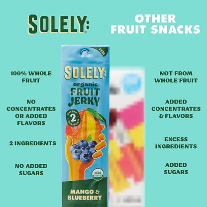 SOLELY - Organic Mango Blueberry Fruit Jerky - 12 Individually Wrapped Strips - Fruit Leather Made from Dried Fruit - Healthy Snacks for Adults & Kids - Non GMO, Vegan Snacks - 0.8oz (23g)