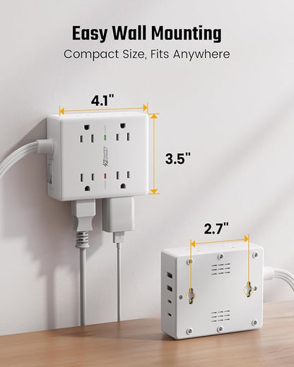 10Ft Extension Cord with Multiple Outlets, Flat Plug Surge Protector Power Strip 10 Ft Long Cord, 8 Outlets & 4 USB Ports (2 USB C), Desk Charging Station for Home Office, College Dorm Room Essentials