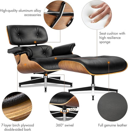 Mid Century Chaise Lounge Chair with Ottoman, Top Black Grain Leather, Modern Office Chair Classic Design, Heavy Duty Base Support for Living Room Study Lounge Office