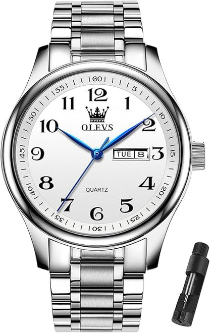 OLEVS Mens Watch Stainless Steel Analog Quartz Watches for Men Day Date Easy Read Diamond Waterproof Dress Luxury Classic Casual Big Face Blue/Black/Gold/Silver Roman Arabic Numerals Men's Wrist Watch