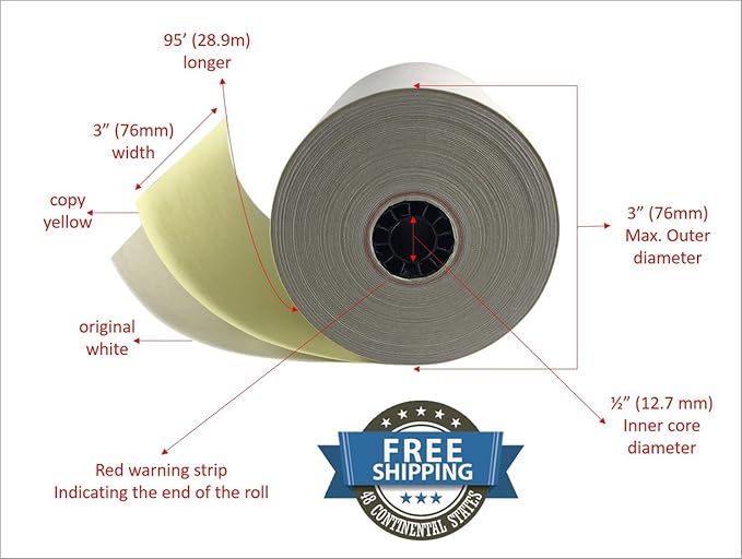 Compatible 2 ply Carbonless Copy Paper Roll white/canary 3 x 95 (12 rolls) plus replacement Printer Ribbon for Epson ERC 30/34/38