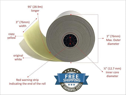 Compatible 2 ply Carbonless Copy Paper Roll white/canary 3 x 95 (12 rolls) plus replacement Printer Ribbon for Epson ERC 30/34/38