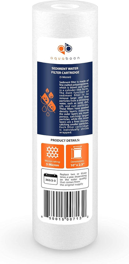Aquaboon 5 Micron 10 x 2.5 Sediment Filter - Whole House Water Filter Replacement Compatible with Well Water Filters - P5, AP110, WHKF-GD05, 25-Pack