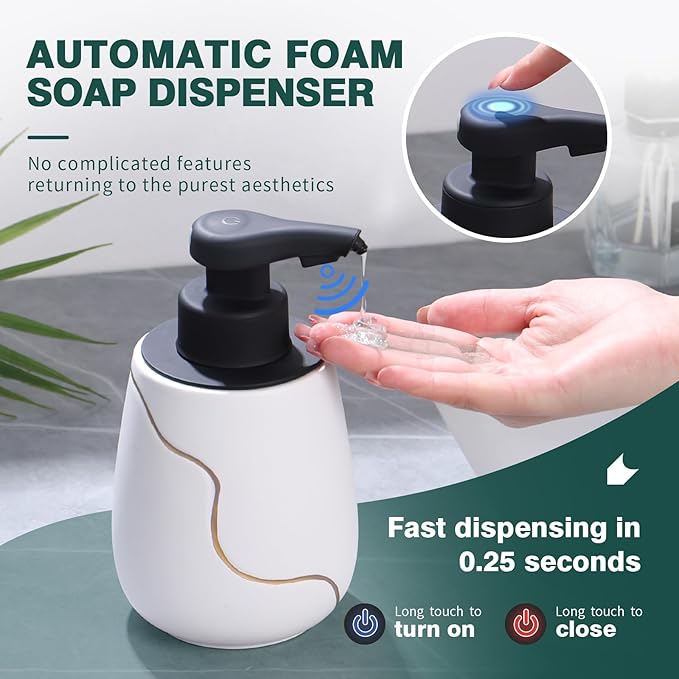 BosilunLife Automatic Soap Dispenser Bathroom - Liquid Hand Free Dispenser Smart Electric Lotion Soap Dispenser Touchless with Waterproof Pump Rechargeable Dish Soap Dispenser Ceramic White, 17oz
