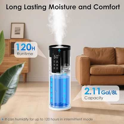 Humidifiers for Large Room - GloryAir 2.11Gal (8L) Quiet Top Fill Cool Mist Humidifier Whole Home 550 ft² 120H Runtime with Humidistat, Auto Mode Diffuser 7-Color Light for Bedroom House Plants Baby