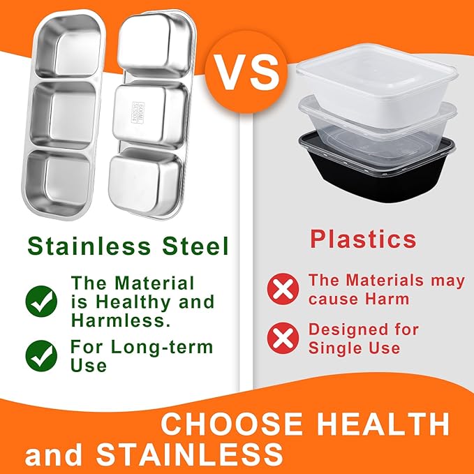 4 Pack Stainless Steel Snack Containers, 3 Compartment Metal Snack Container with Lids, Stackable Leak Proof Lunch Box for Home, Camping, Office,Work(3 Grid Lunch Box)