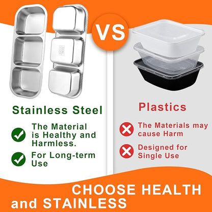 4 Pack Stainless Steel Snack Containers, 3 Compartment Metal Snack Container with Lids, Stackable Leak Proof Lunch Box for Home, Camping, Office,Work(3 Grid Lunch Box)