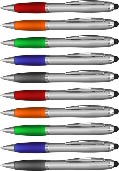 DISCOUNT PROMOS 10 Stylus Ballpoint Pens in Assorted Colors Pack - Two in One, Ergonomic, Black Ink - Assorted