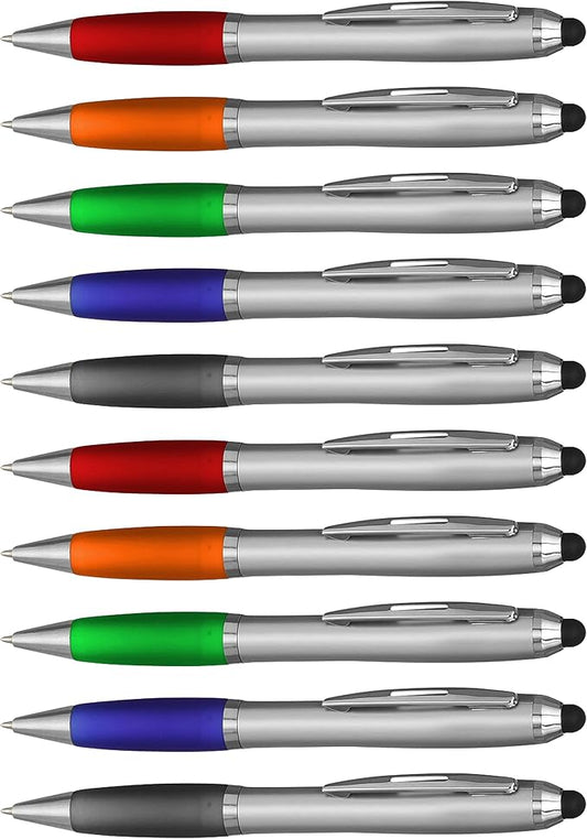 DISCOUNT PROMOS 10 Stylus Ballpoint Pens in Assorted Colors Pack - Two in One, Ergonomic, Black Ink - Assorted
