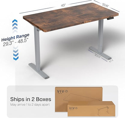 VIVO Electric 43 x 24 in Rustic Standing Desk, Memory Height Adjustment, 1B Series, One-Piece Vintage Brown Top, Gray Frame, DESK-KIT-1G4N