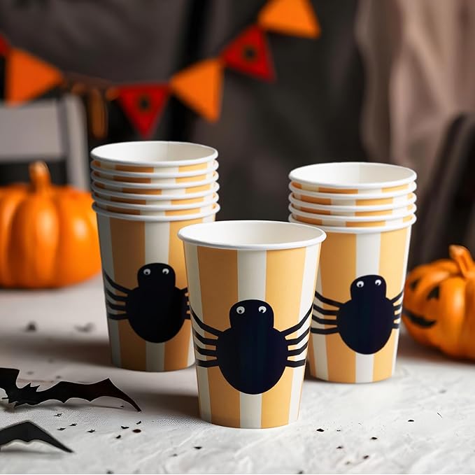 Halloween Disposable Paper Party Cups, Bulk 50 Pack, Leak-Resistant, 12 oz Hot and Cold Cups for Restaurants and Parties, Spider