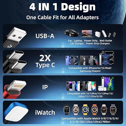 Dual Type-C 4 in 1 Charging Cable for Phone Watch Charger, Travel Essentials Multi Charging Cable iPhone Charger Cord Compatible with iWatch Ultra/SE/10-1, iPhone17 16 15 14, Android-1Pc 5FT
