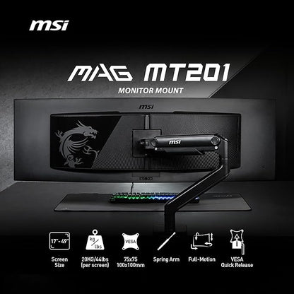 MSI MAG MT201 - Premium Heavy Duty Single Monitor Stand Arm, Supports 17-49" Screens and 44 lbs, VESA Compatible, Adjustable Spring Assisted Mount, Clamp & Grommet, Quick Release Plate - Black