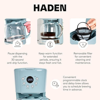 Haden Brighton Coffee Machine, 12 Cup Programmable Drip Coffee Maker with Auto Shut-Off Function and Reusable Washable Water Filter, Sky Blue & Chrome